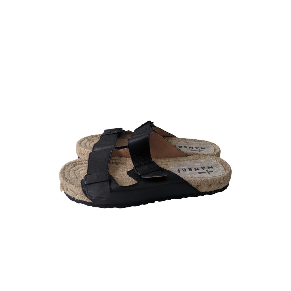 Manebi Hamptons Black Leather Espadrille Buckle Slide Sandals Womens 39 Spain